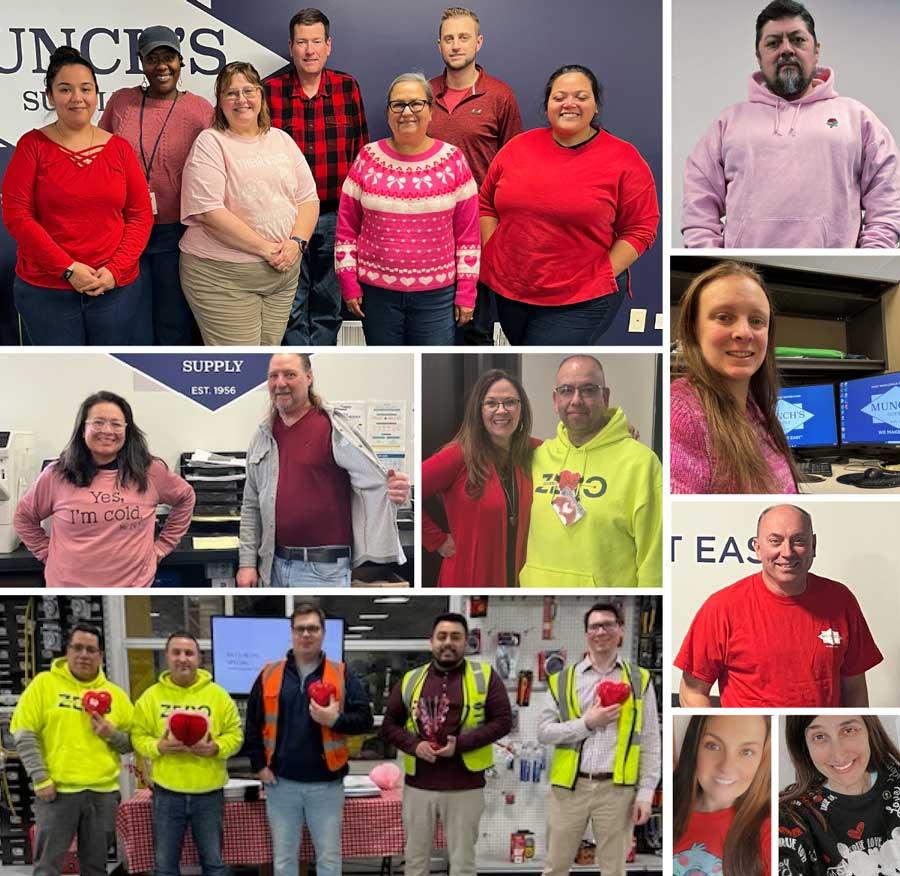 Tall photo collage of employees in flannel shirts at branches, warehouses and offices