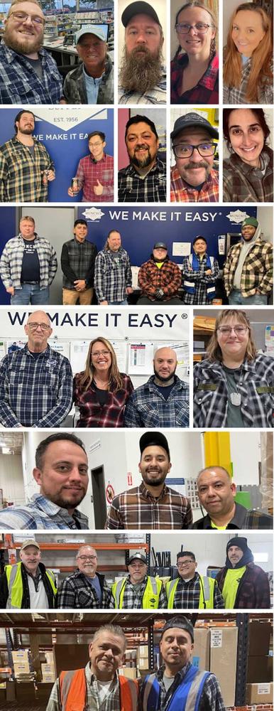Photo collage of employees wearing red and pink at branches and offices