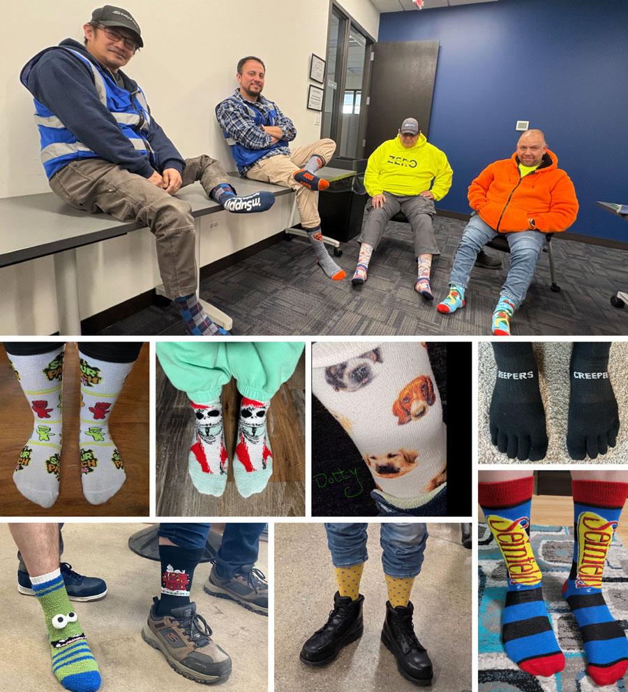 Photo collage of employees showing off novelty socks in a break room