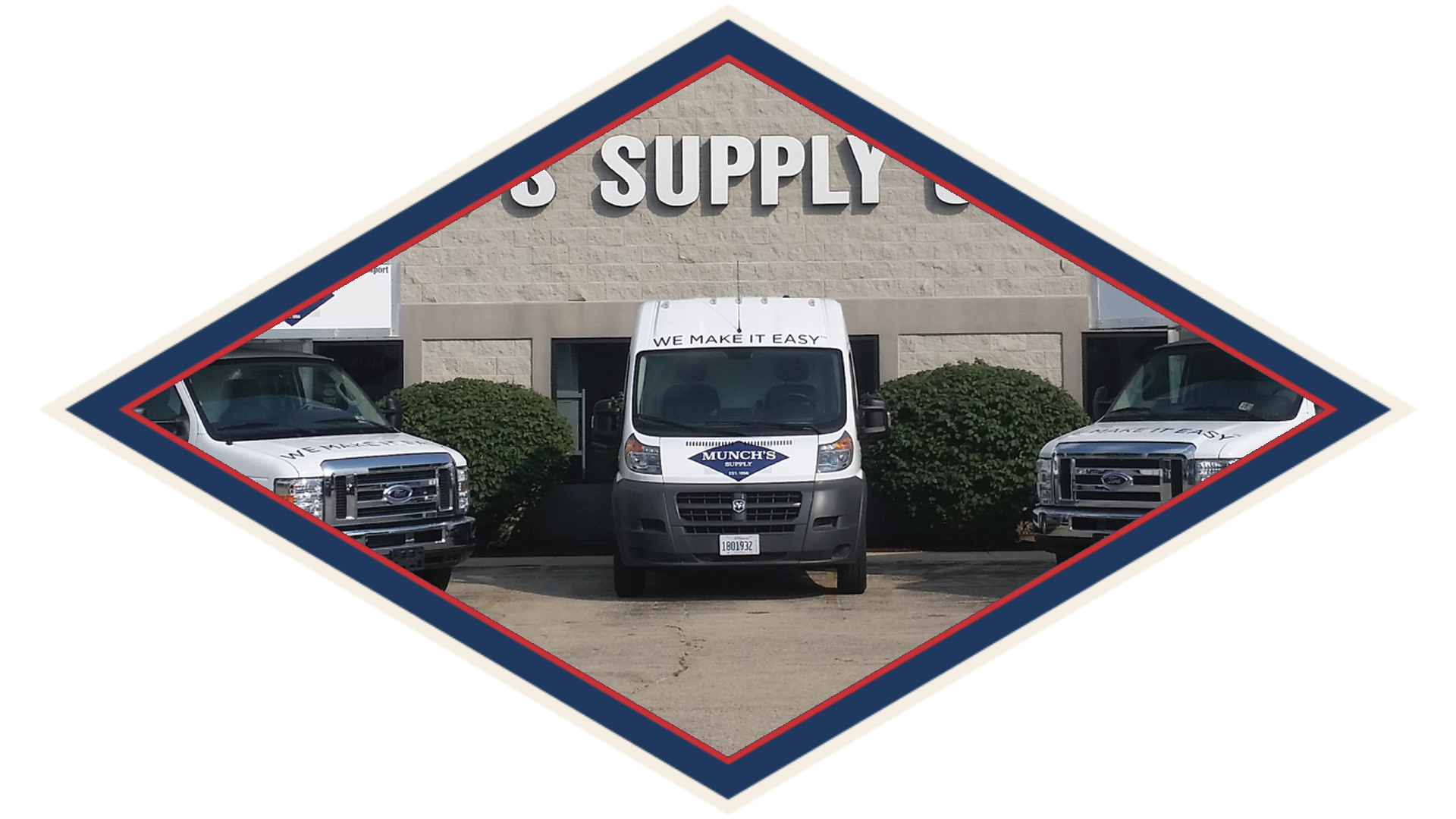 Delivery trucks outside Munch's Supply Co.