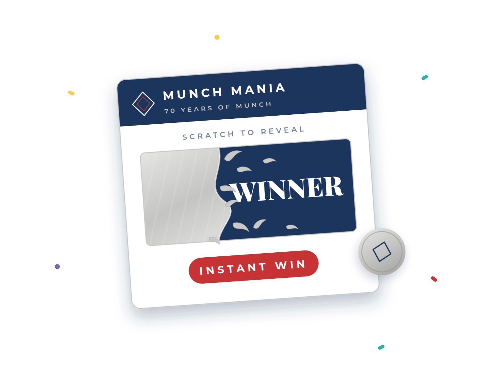 A Munch Mania scratch ticket with the foil scratched back to reveal WINNER